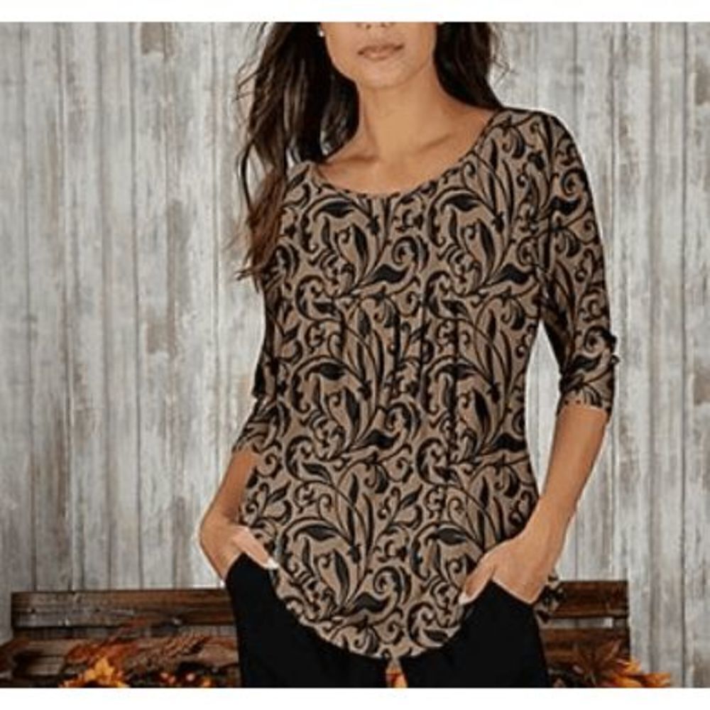Bon Apple Tea Women's Brown Leaf Scoop Neck Short Sleeve Top S #1841-D1